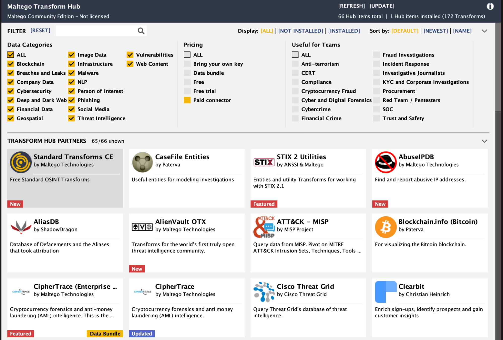 Интерфейс Maltego Transforms Hub